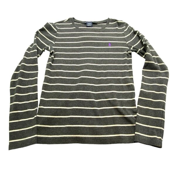 RALPH LAUREN Women Tee Size L Gray Long Sleeve Sport Striped Purple Horse 79-13 - Picture 1 of 11